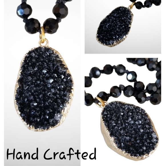 Hand Crafted Glass Bead Necklace With Natural Black Druzy Crystal Pendant - Picture 16 of 16